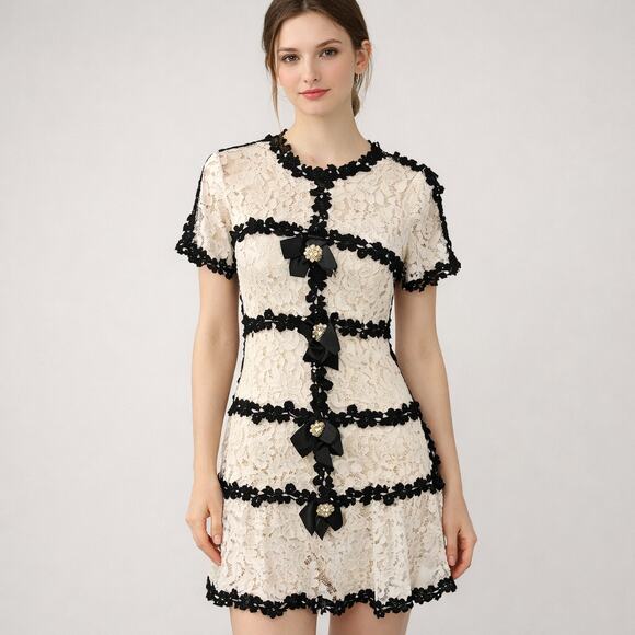 Beiqui Dresses & Skirts - Son Yoon Joo Black White Lace Bows Fitted Pencil Sheer Unlined Dress Coquette